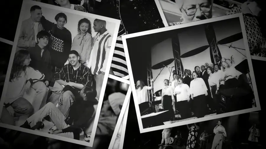 Black and white photos from the early years of Life Church in the history video