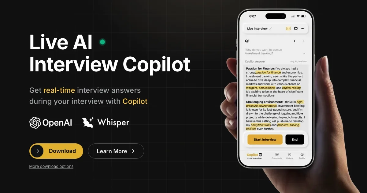 Interview Pilot promo graphic reading Live AI Interview Copilot next to a phone showing suggested answers during a live interview