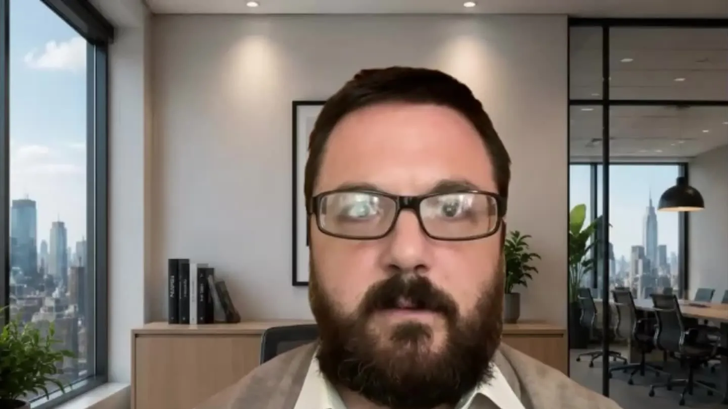 A bearded interviewer in glasses and a sweater vest on a video call with an office and a city skyline behind him