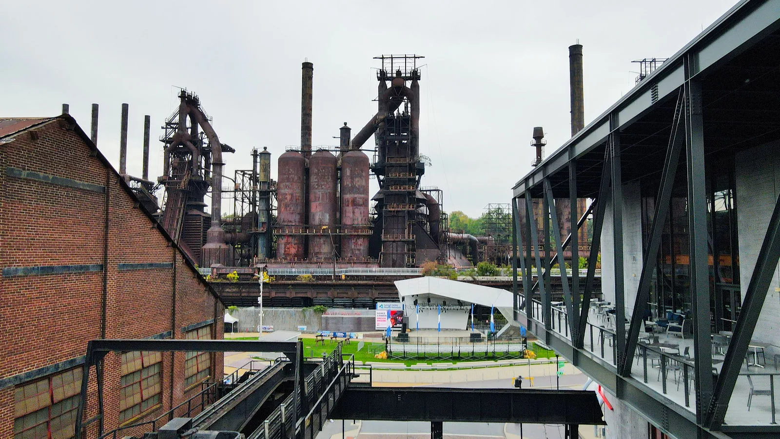 The Bethlehem Steel blast furnaces seen through the glass of the ArtsQuest building