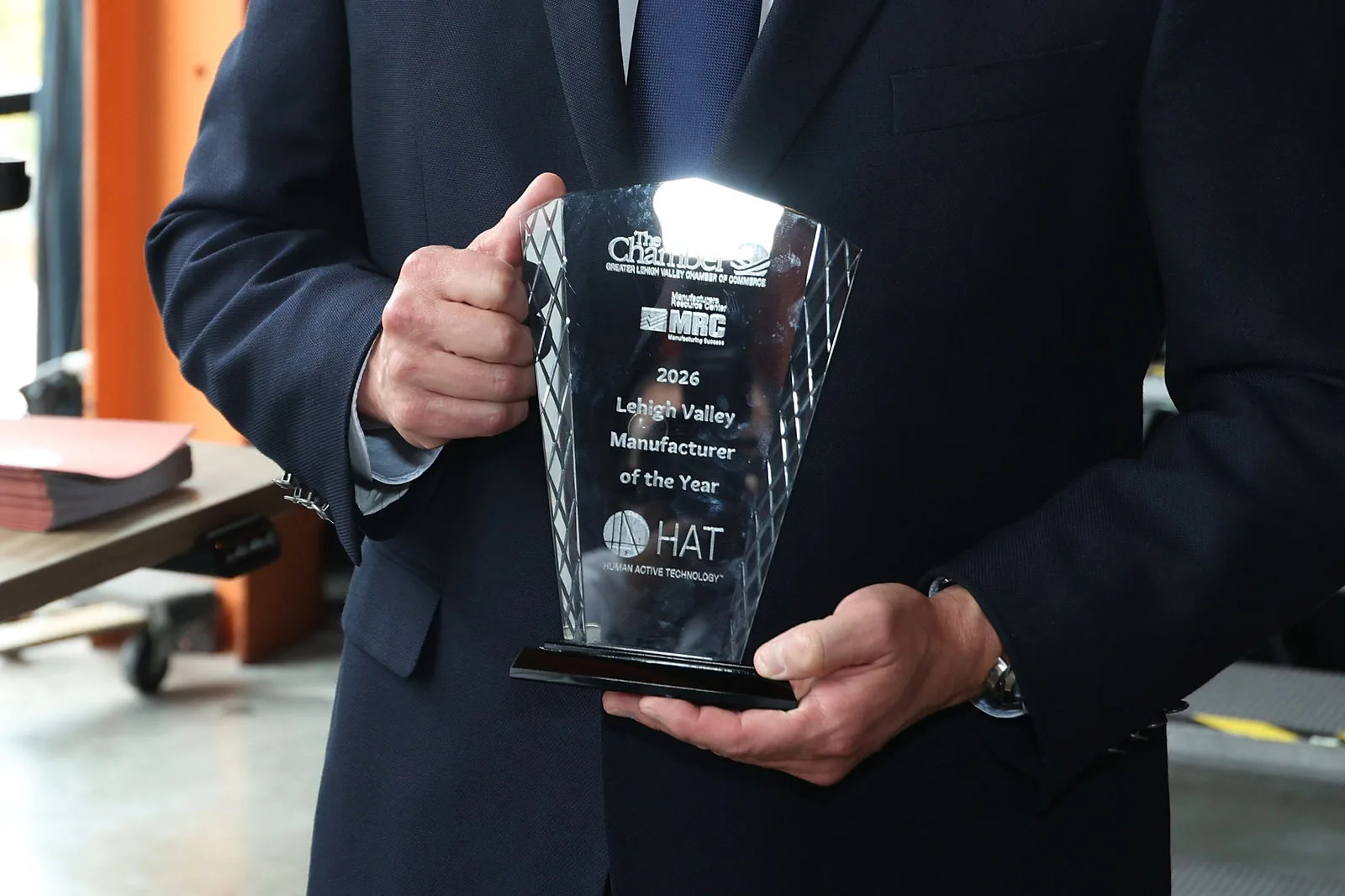 Close-up of the 2026 Lehigh Valley Manufacturer of the Year award for Human Active Technology