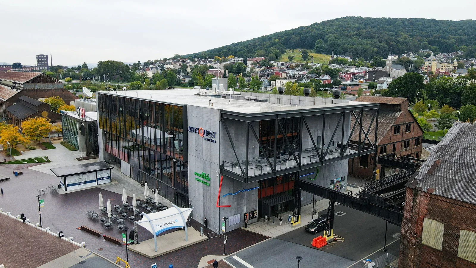 Aerial view of the ArtsQuest Center at SteelStacks and the surrounding Bethlehem neighborhood