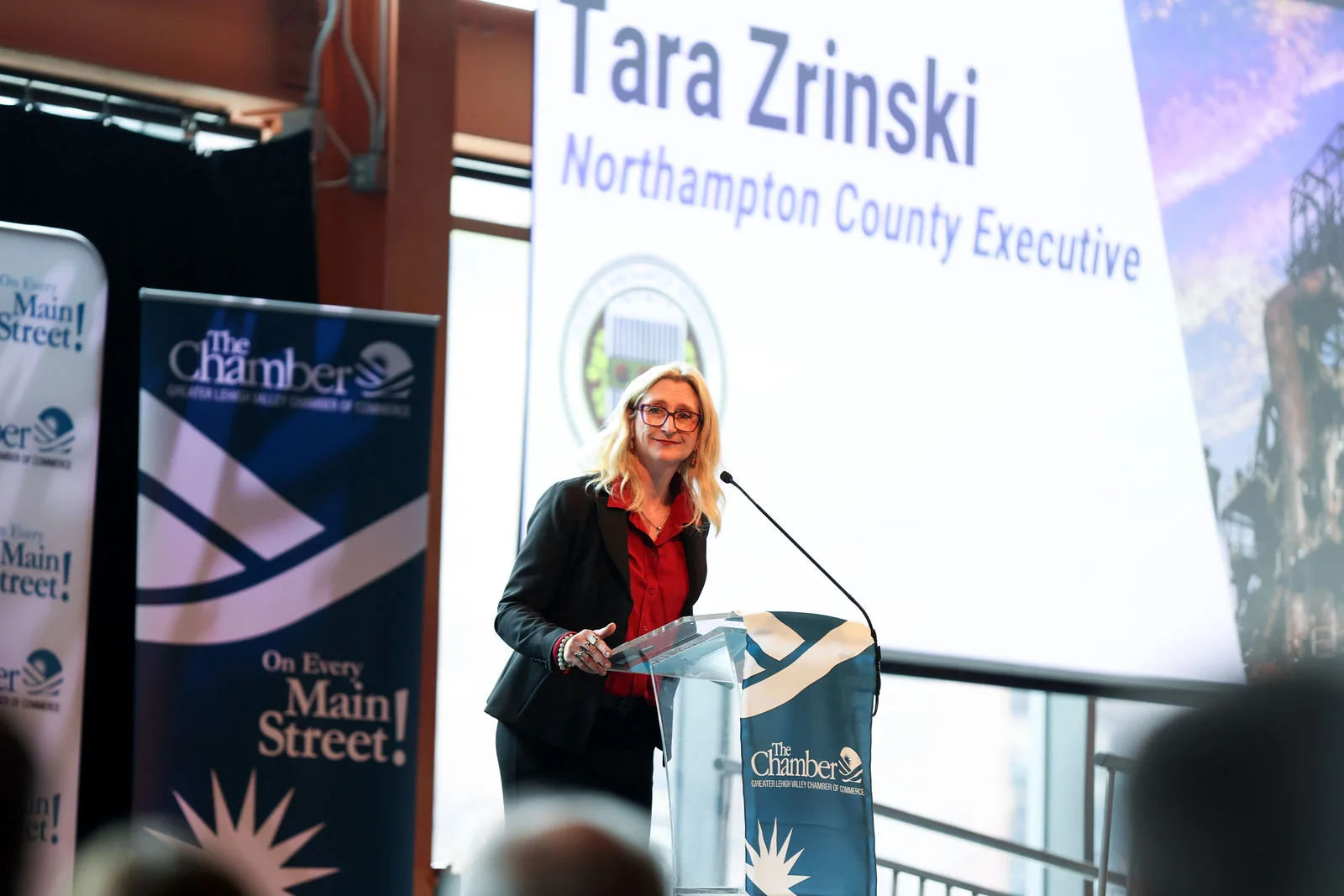 Northampton County Executive Tara Zrinski speaking at the podium