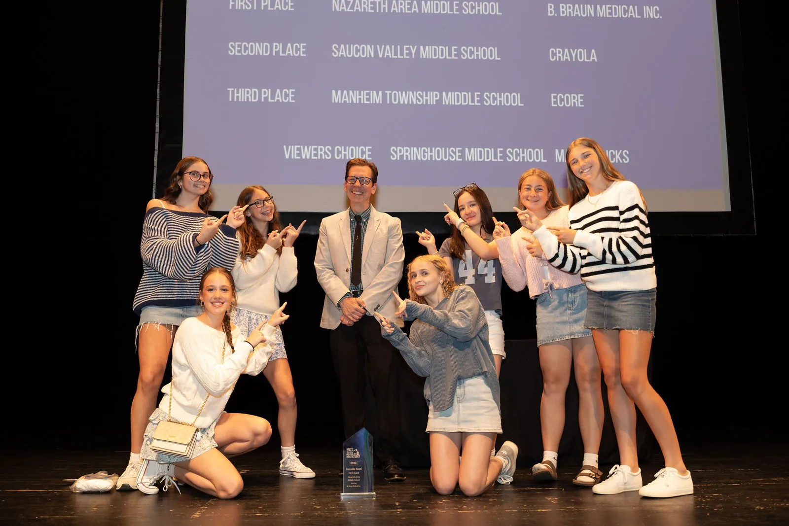 Students posing and pointing at the camera on stage in front of the final winners slide