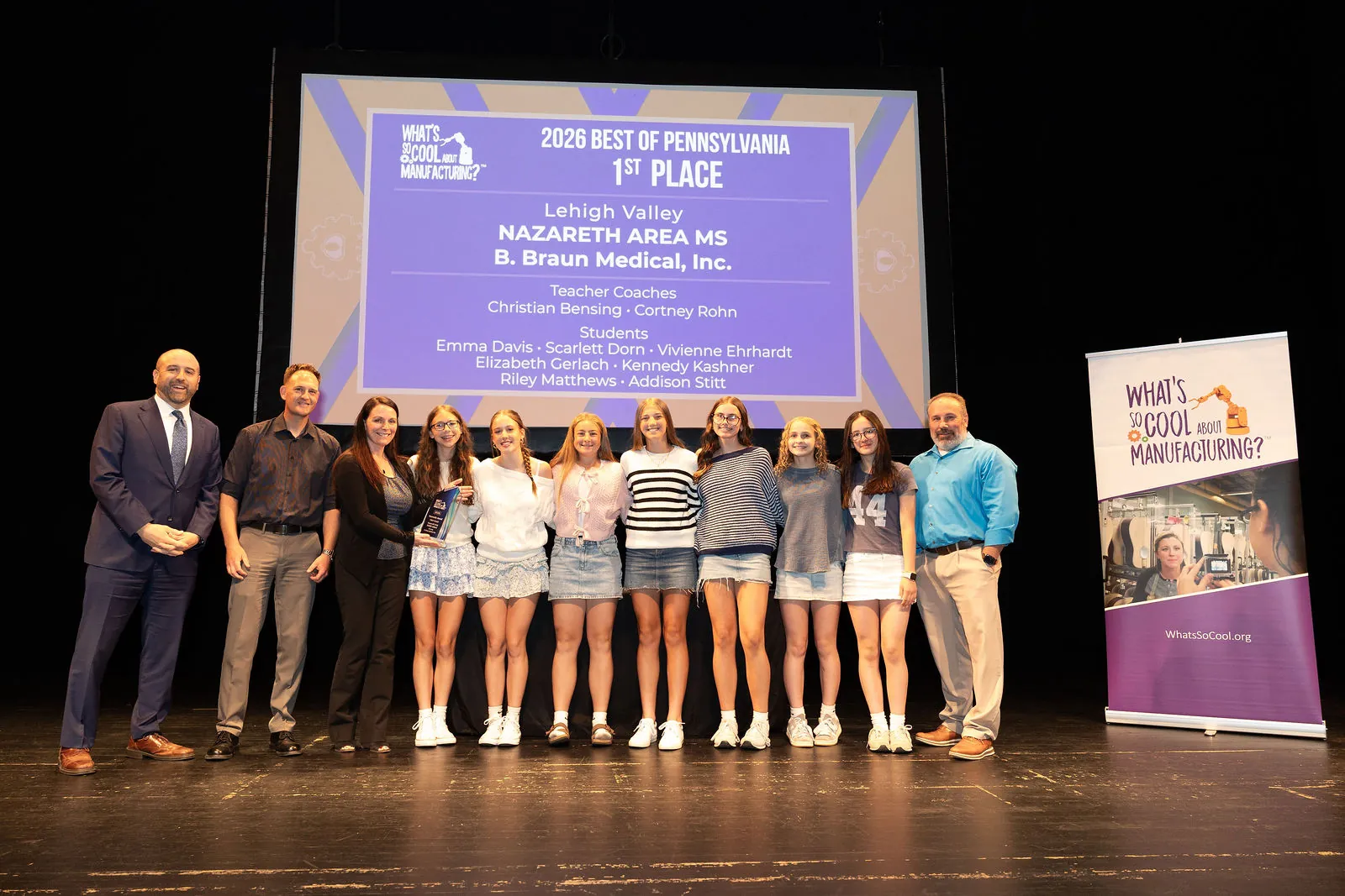 The Nazareth Area Middle School team on stage in front of a slide announcing them as 2026 Best of Pennsylvania first place