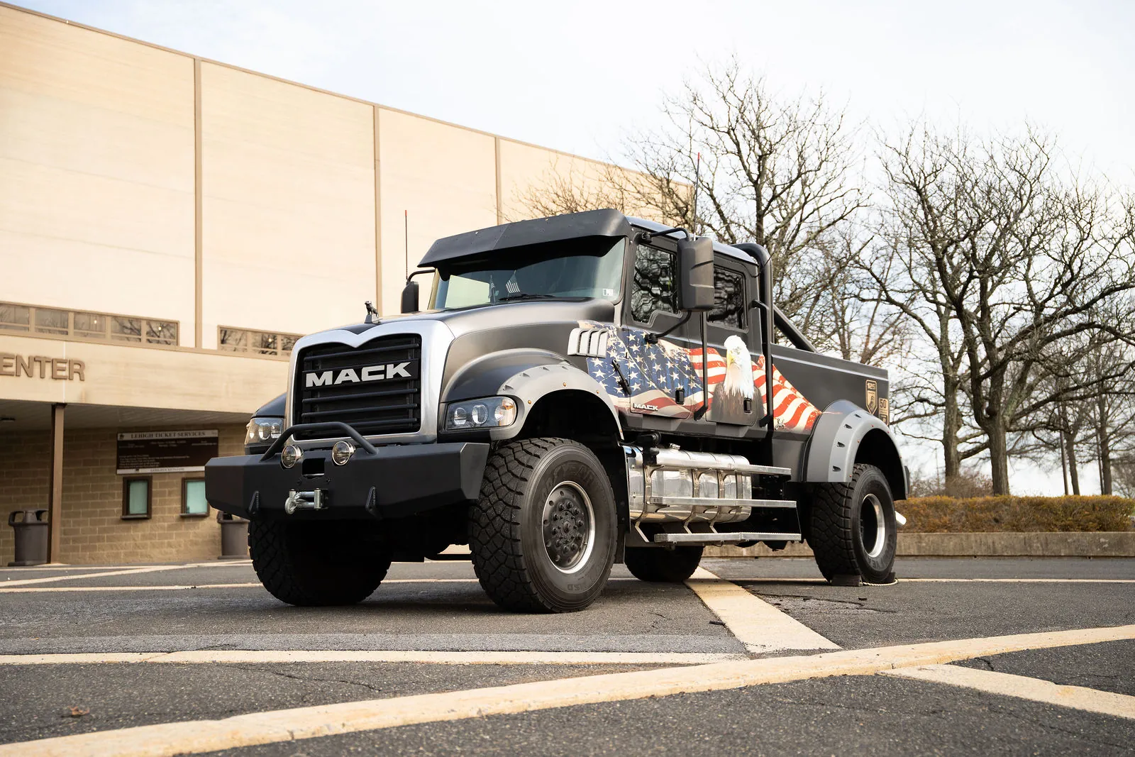 A custom Mack truck parked outside the Stabler Arena entrance